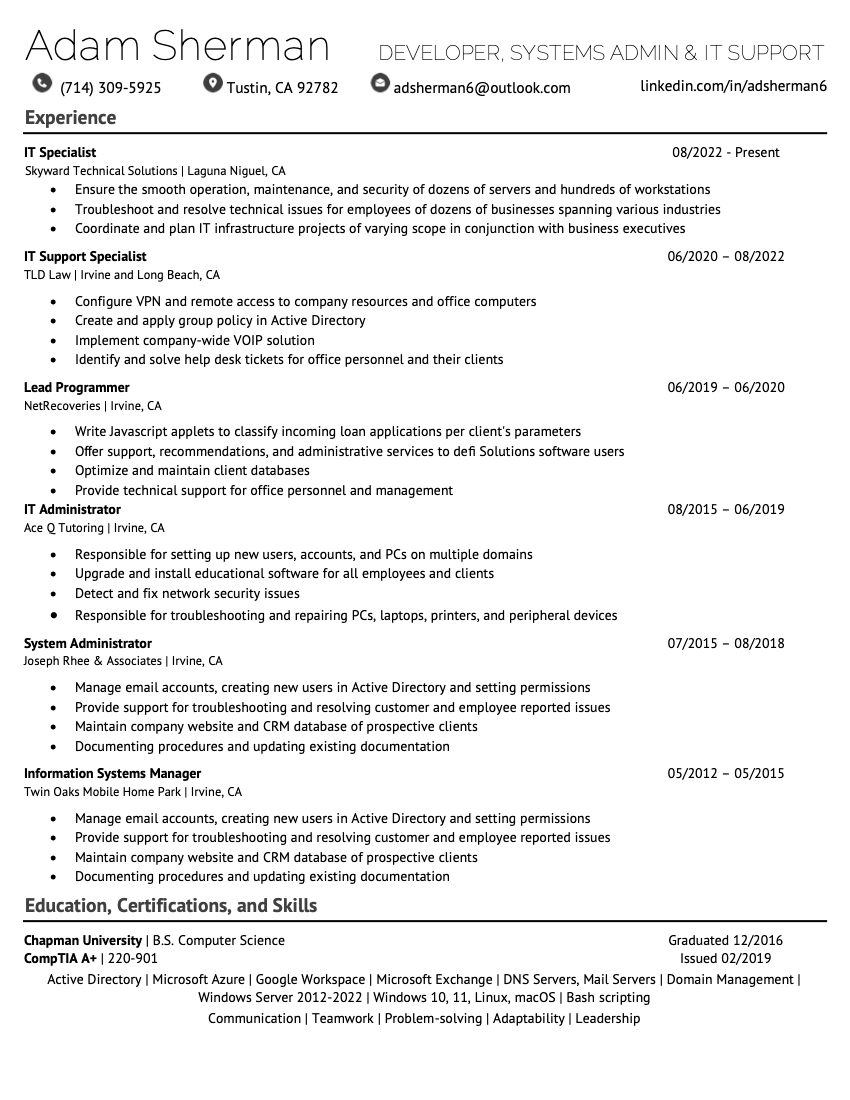 Preview of Adam Sherman's Resume